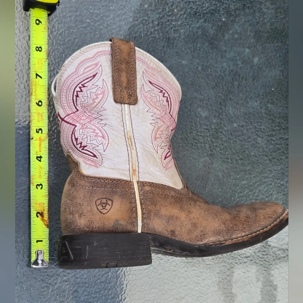 Ariat Kid's Double Kicker Sz 13 Western Boot Broad Square Toe Pink Tan Pull On